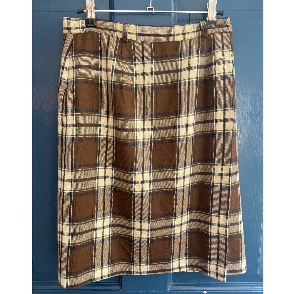 Vintage Pencil Skirt Brown Plaid Wool Talbots Size 6 Lined